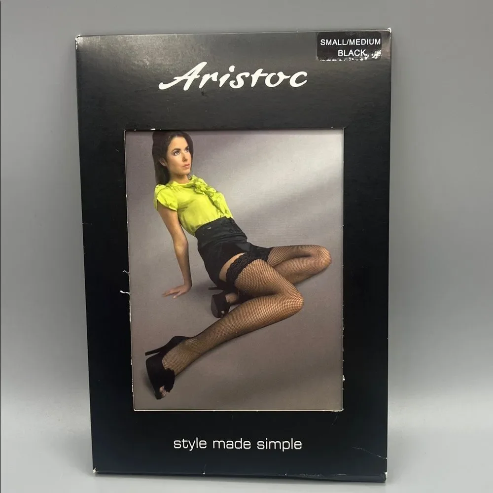 Aristoc Black Fishnet Lace Top Thigh High Stockings
